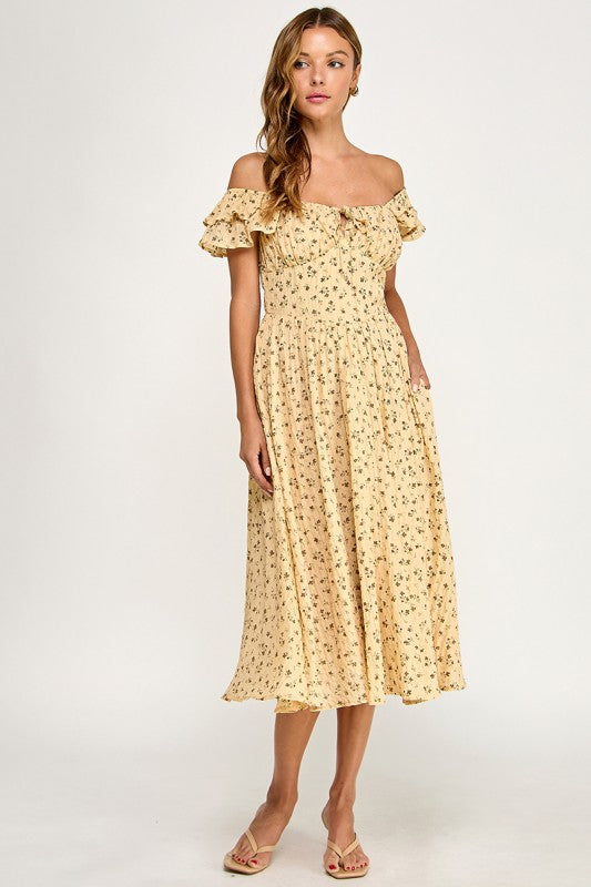 D5534-2 Ruffle Sleeve Floral Midi Dress