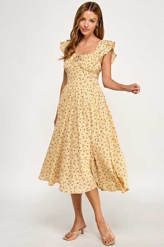 D5534-2 Ruffle Sleeve Floral Midi Dress