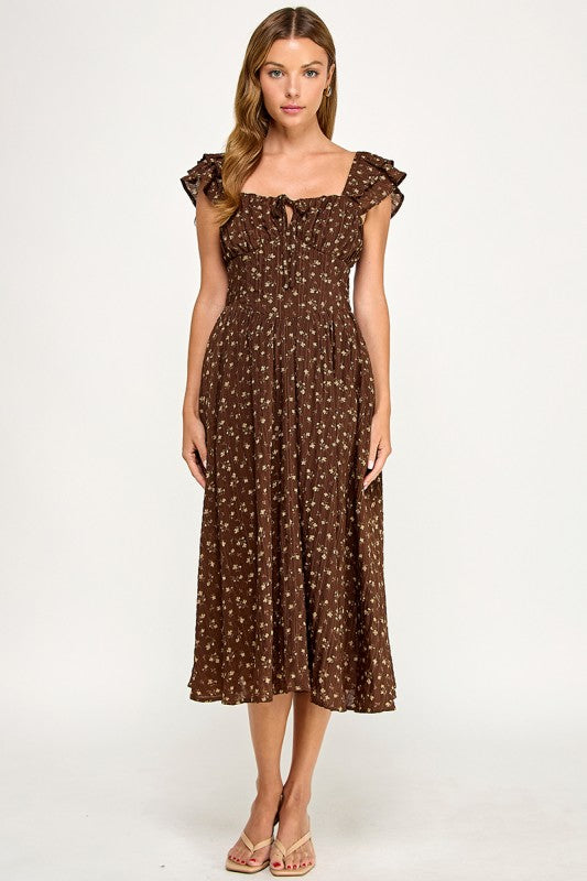 D5534-2 Ruffle Sleeve Floral Midi Dress