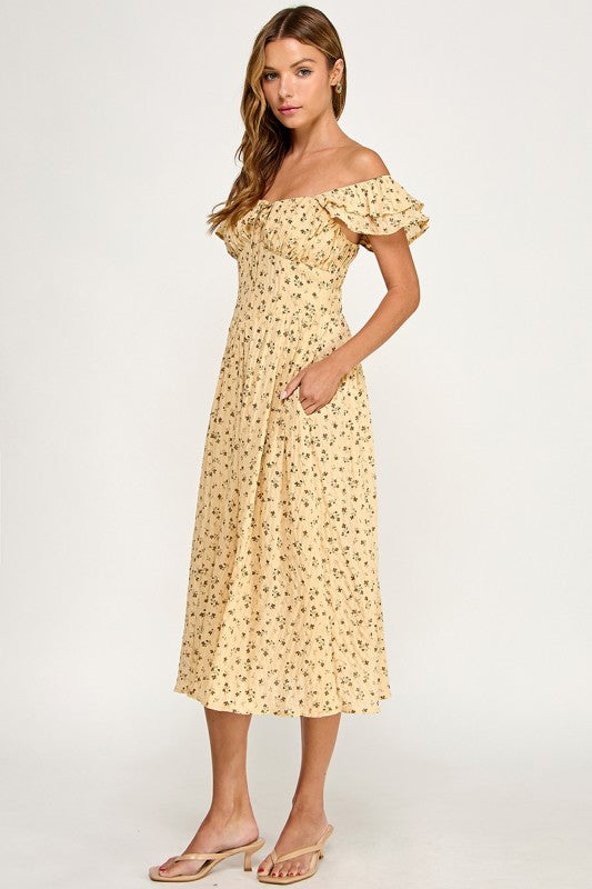 D5534-2 Ruffle Sleeve Floral Midi Dress