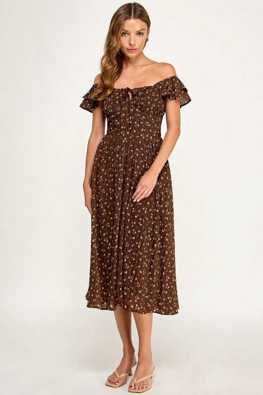 D5534-2 Ruffle Sleeve Floral Midi Dress
