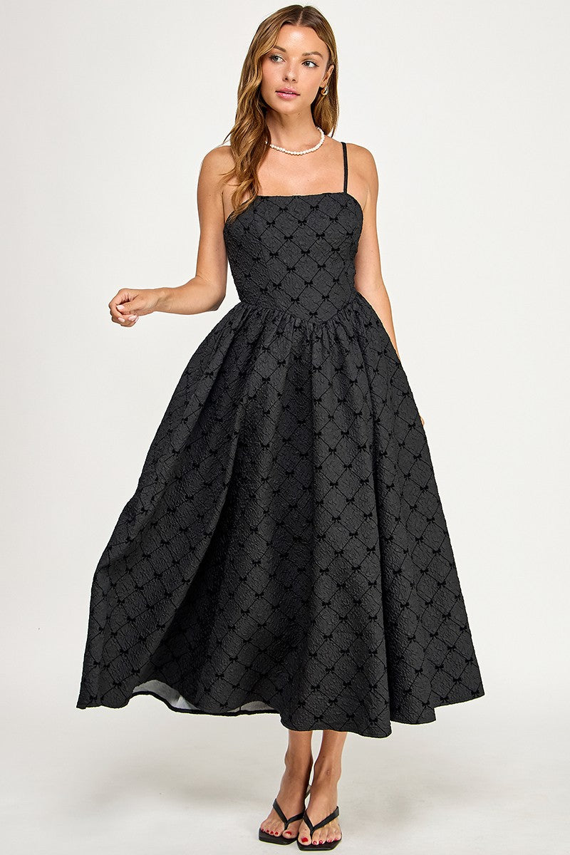 D5778-2 Bow Print Square Neck Maxi Dress