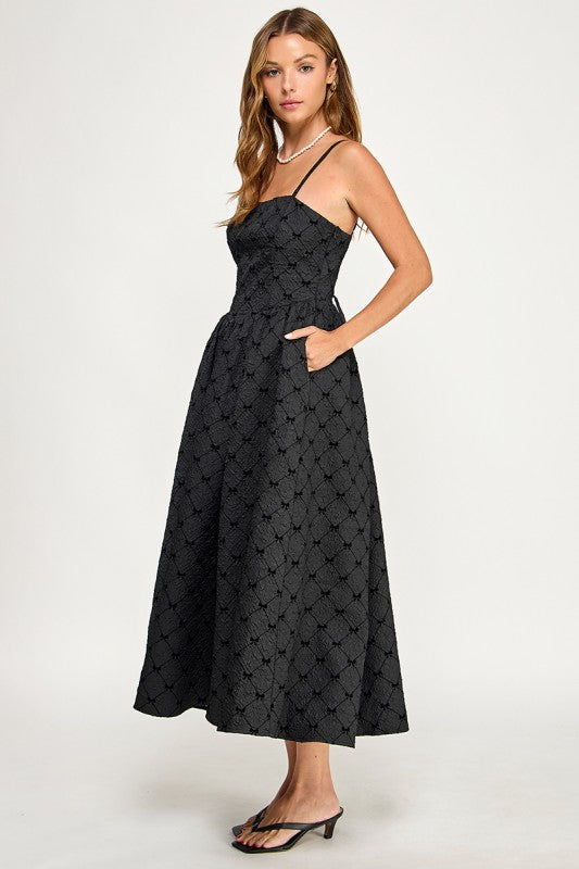 D5778-2 Bow Print Square Neck Maxi Dress