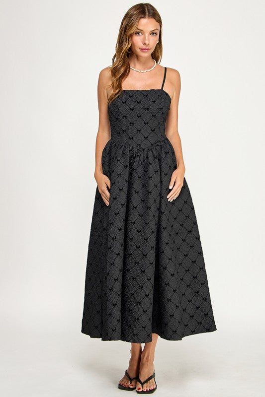 D5778-2 Bow Print Square Neck Maxi Dress