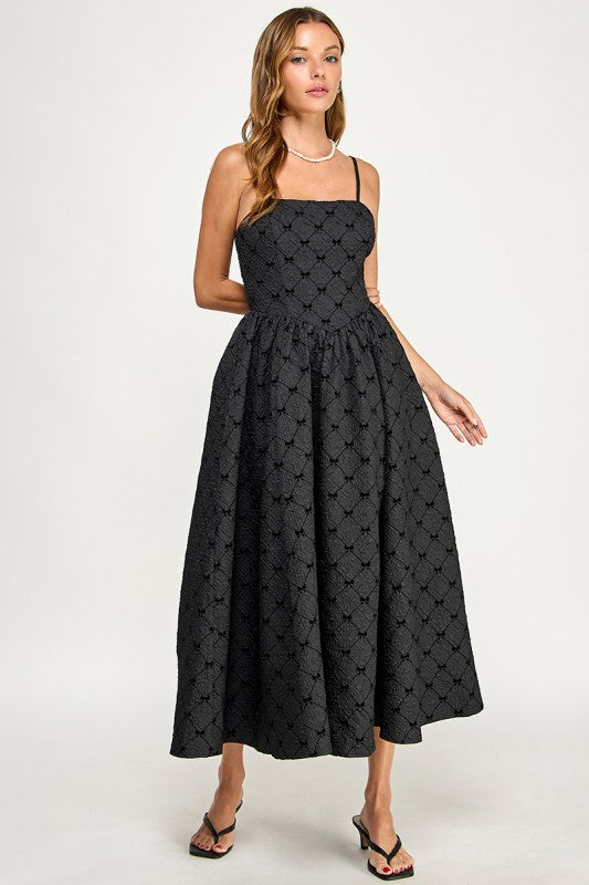 D5778-2 Bow Print Square Neck Maxi Dress