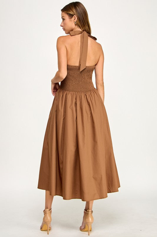 D5795-1 Solid Halter Fit Midi Dress