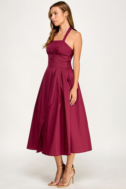 D5795-1 Solid Halter Fit Midi Dress