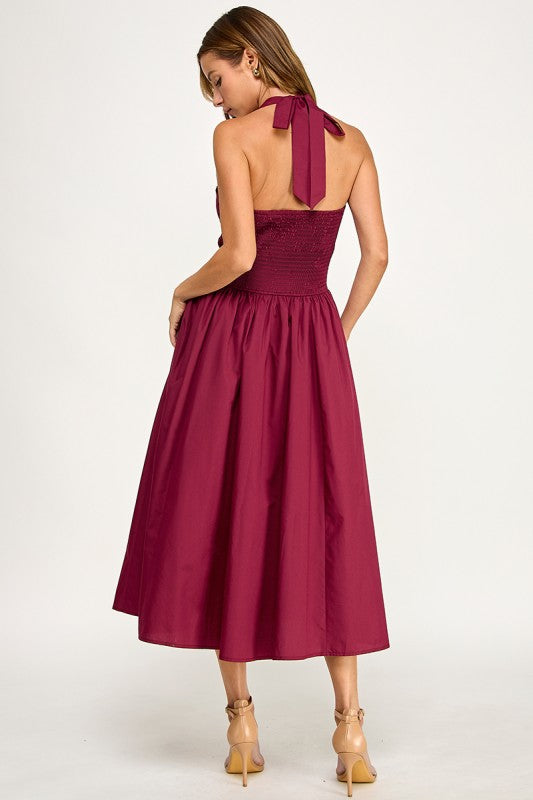 D5795-1 Solid Halter Fit Midi Dress