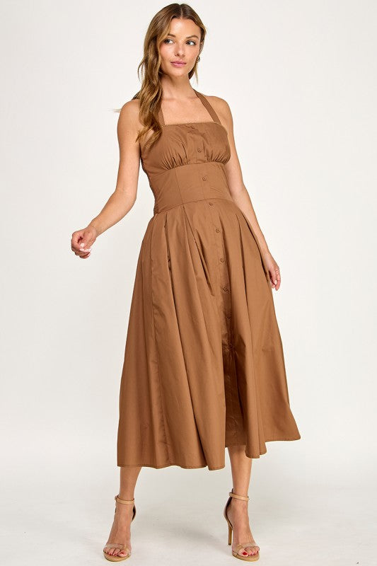 D5795-1 Solid Halter Fit Midi Dress