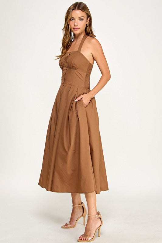 D5795-1 Solid Halter Fit Midi Dress