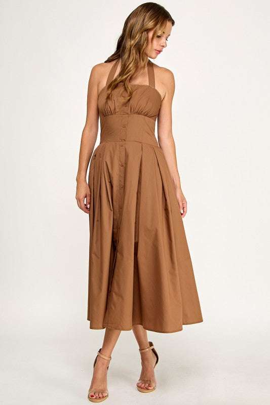 D5795-1 Solid Halter Fit Midi Dress