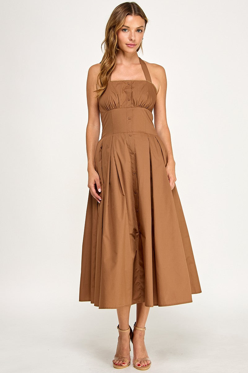 D5795-1 Solid Halter Fit Midi Dress