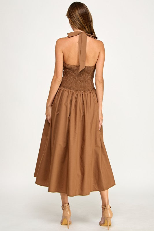 D5795-1 Solid Halter Fit Midi Dress