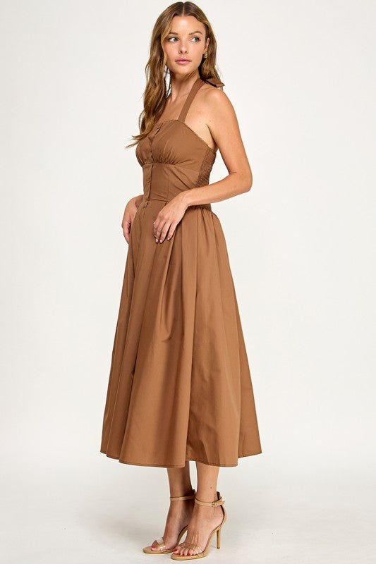 D5795-1 Solid Halter Fit Midi Dress