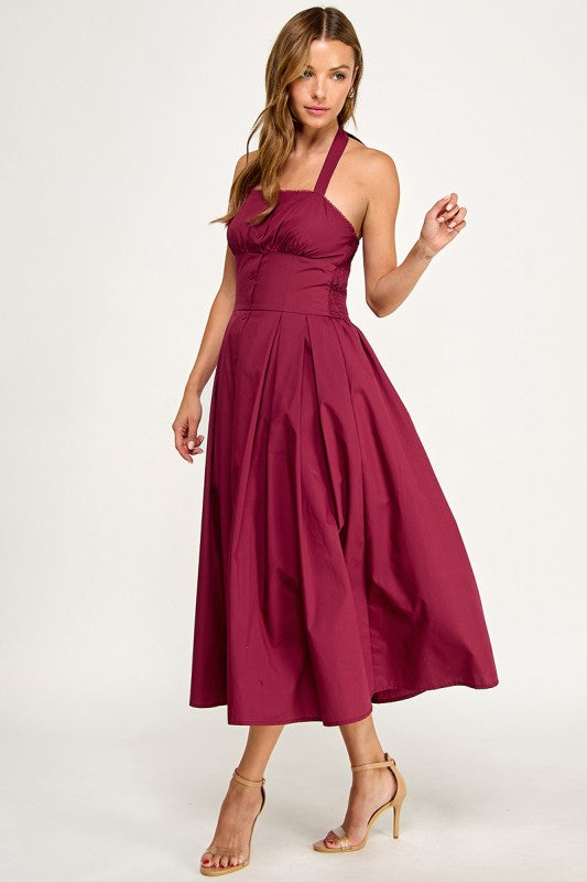 D5795-1 Solid Halter Fit Midi Dress