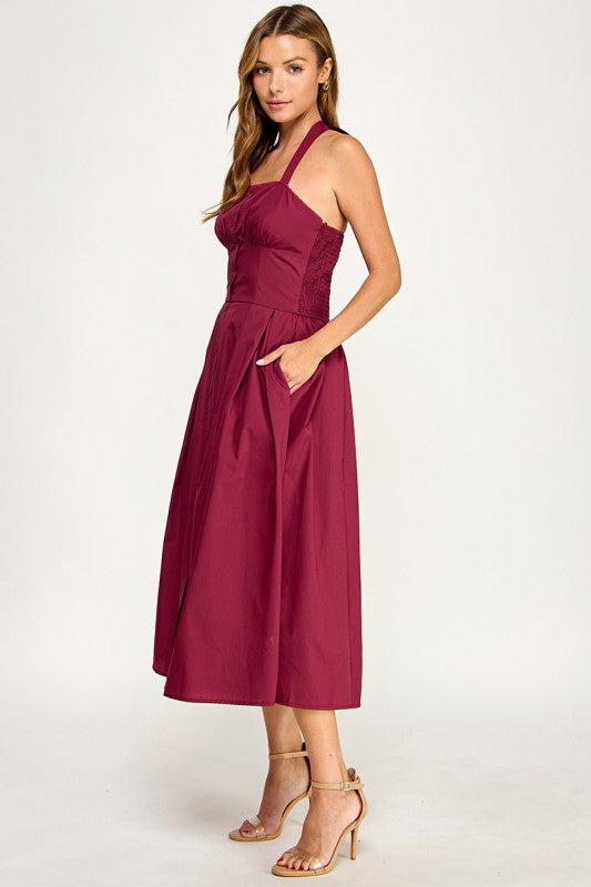 D5795-1 Solid Halter Fit Midi Dress