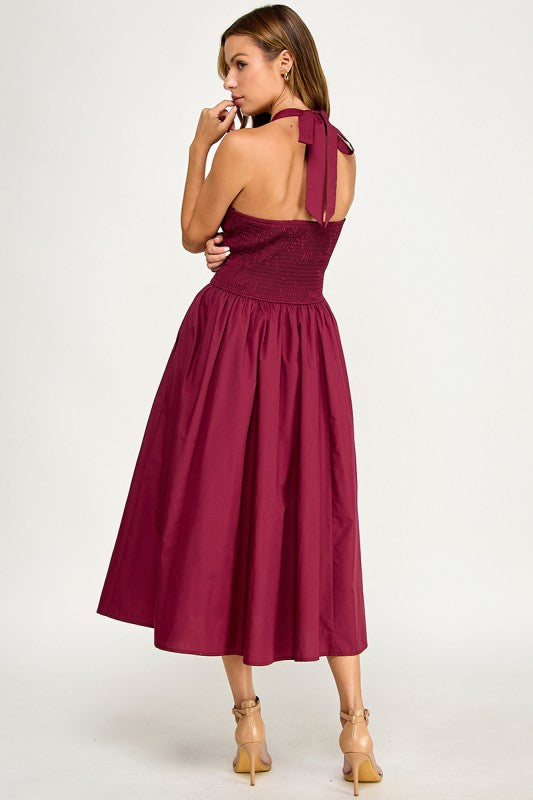 D5795-1 Solid Halter Fit Midi Dress