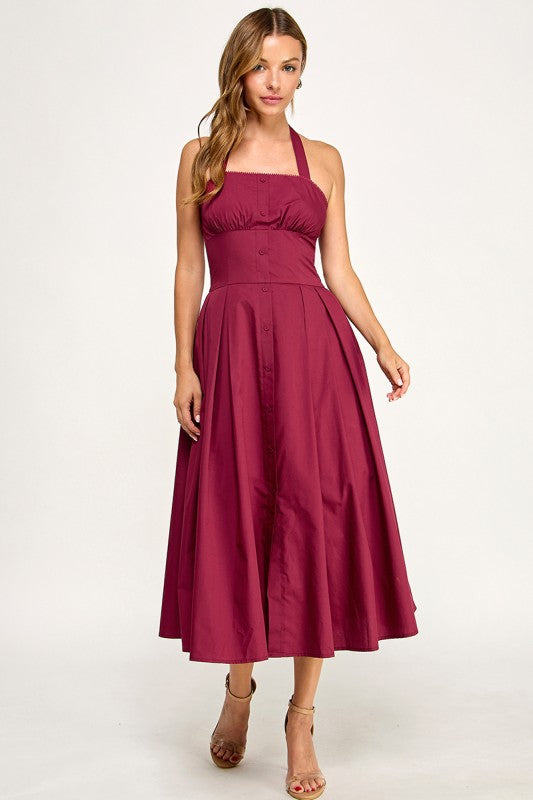 D5795-1 Solid Halter Fit Midi Dress