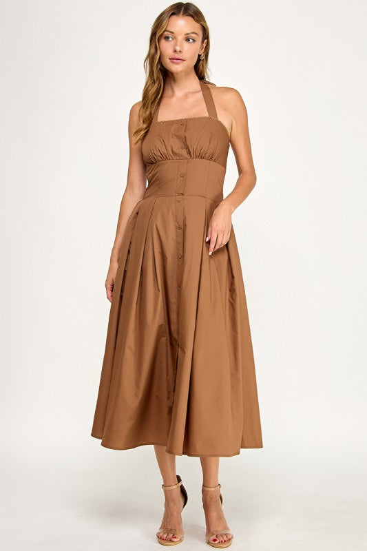 D5795-1 Solid Halter Fit Midi Dress