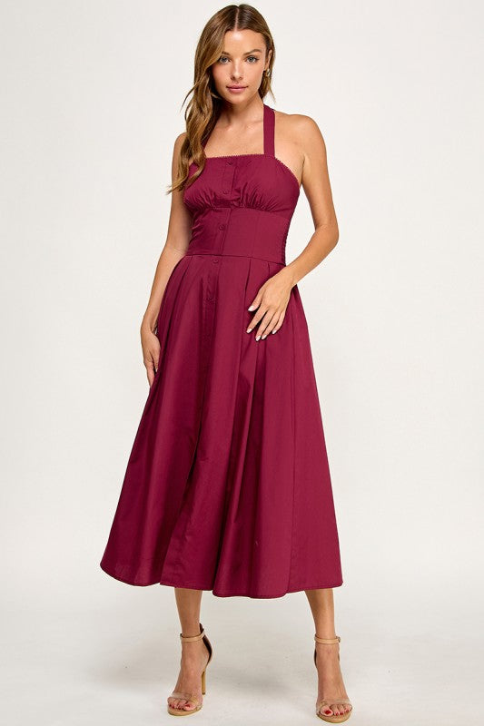 D5795-1 Solid Halter Fit Midi Dress