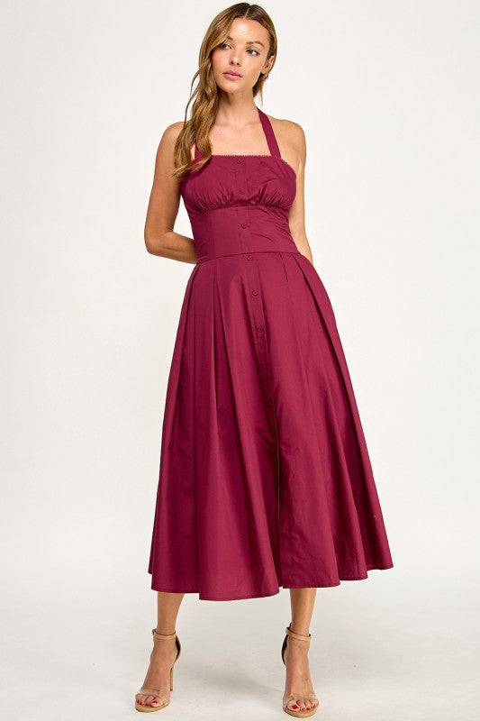 D5795-1 Solid Halter Fit Midi Dress