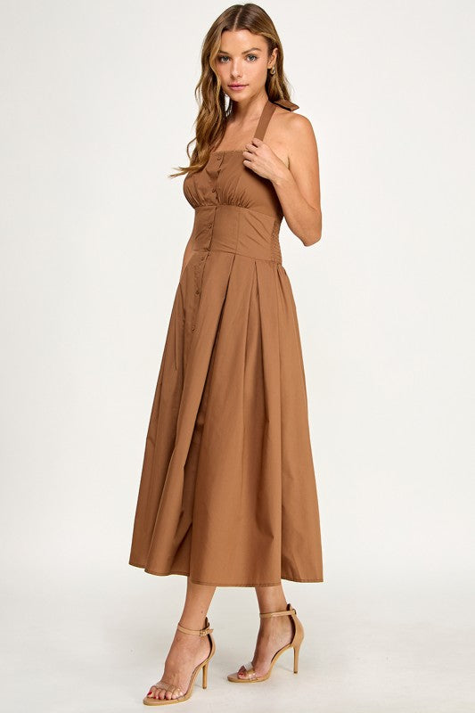 D5795-1 Solid Halter Fit Midi Dress