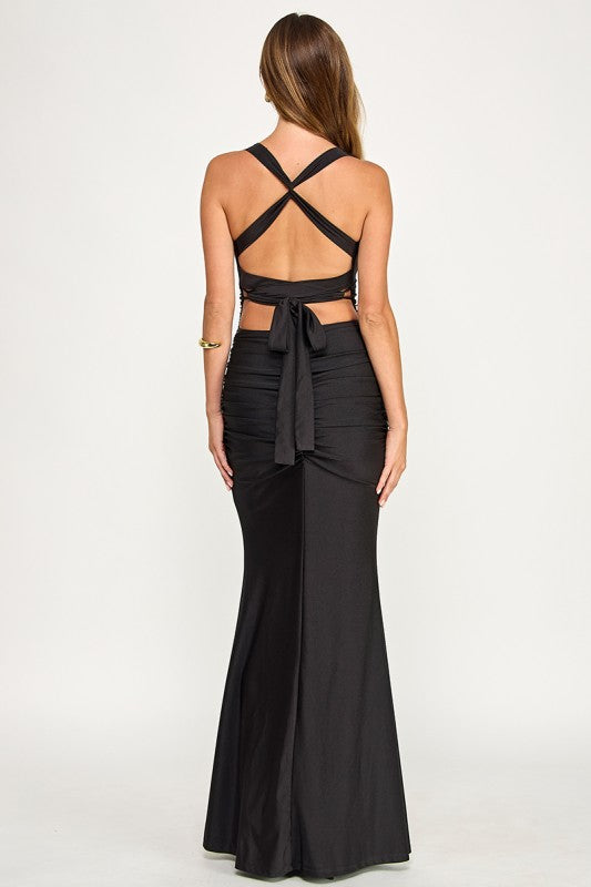 D5861Y Sleeveless V-Neck Ruched Maxi Dress