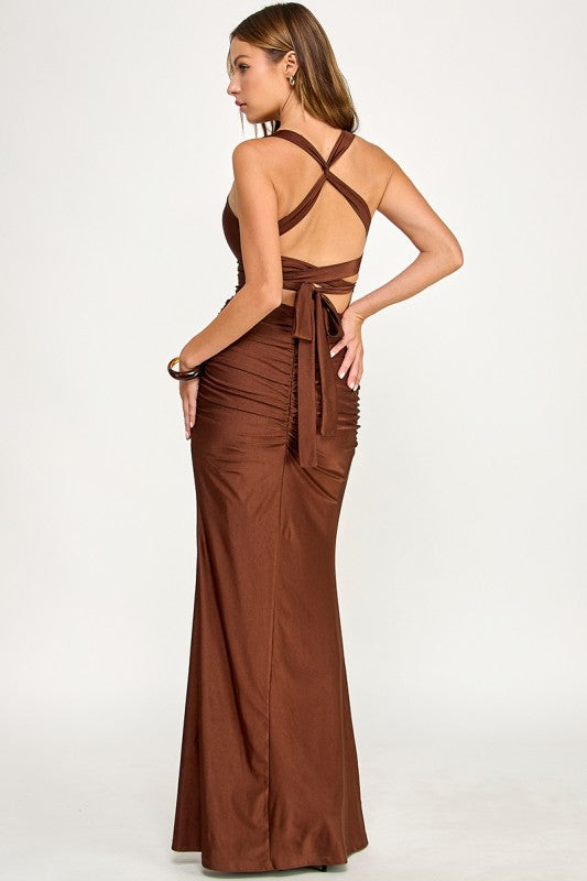 D5861Y Sleeveless V-Neck Ruched Maxi Dress