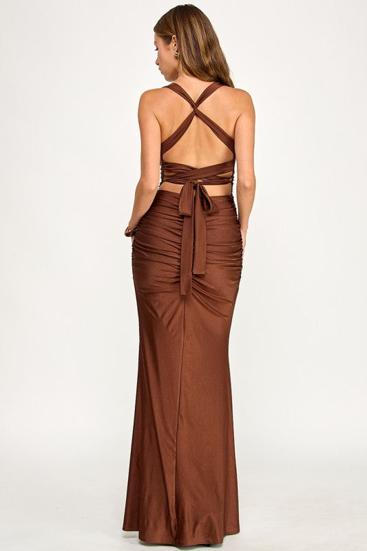 D5861Y Sleeveless V-Neck Ruched Maxi Dress