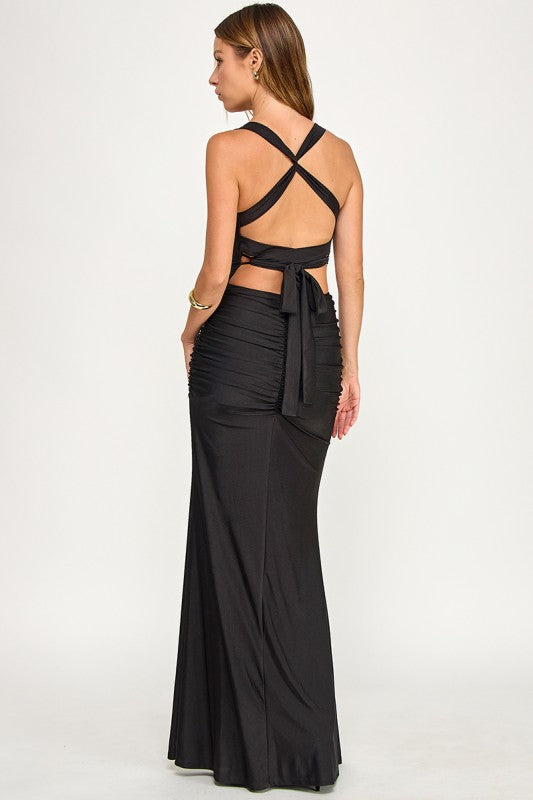 D5861Y Sleeveless V-Neck Ruched Maxi Dress