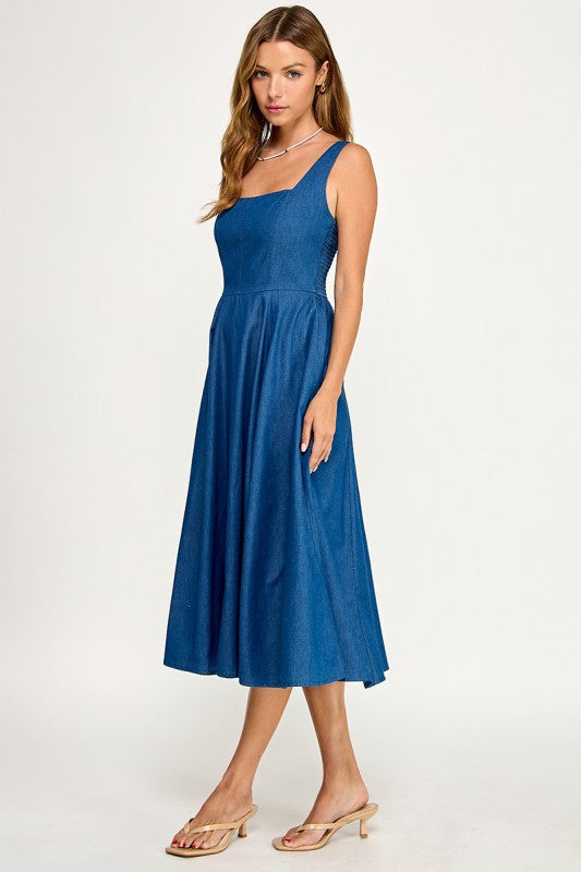 D5887 Square NeckDenim Midi Dress