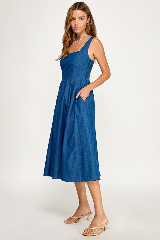 D5887 Square NeckDenim Midi Dress