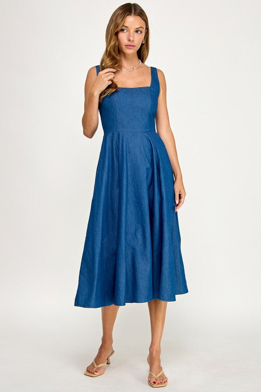 D5887 Square NeckDenim Midi Dress