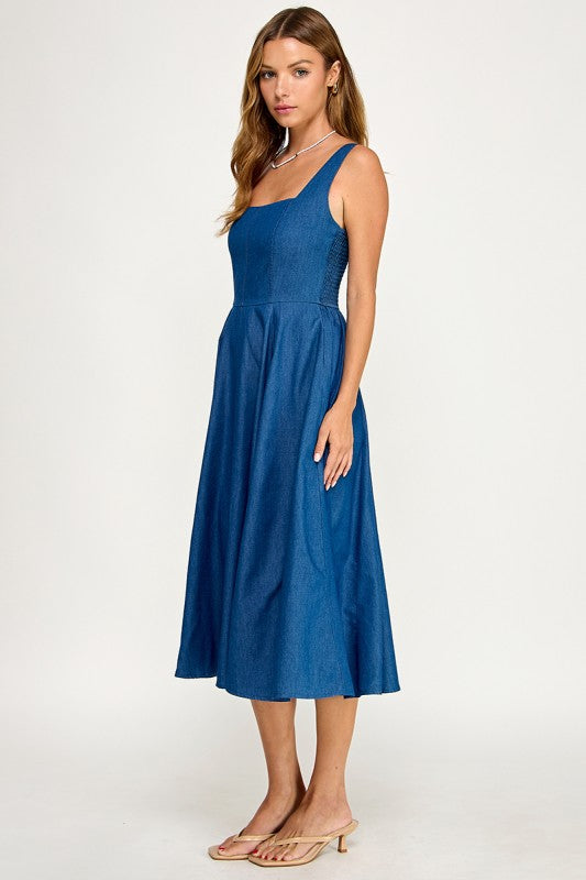 D5887 Square NeckDenim Midi Dress