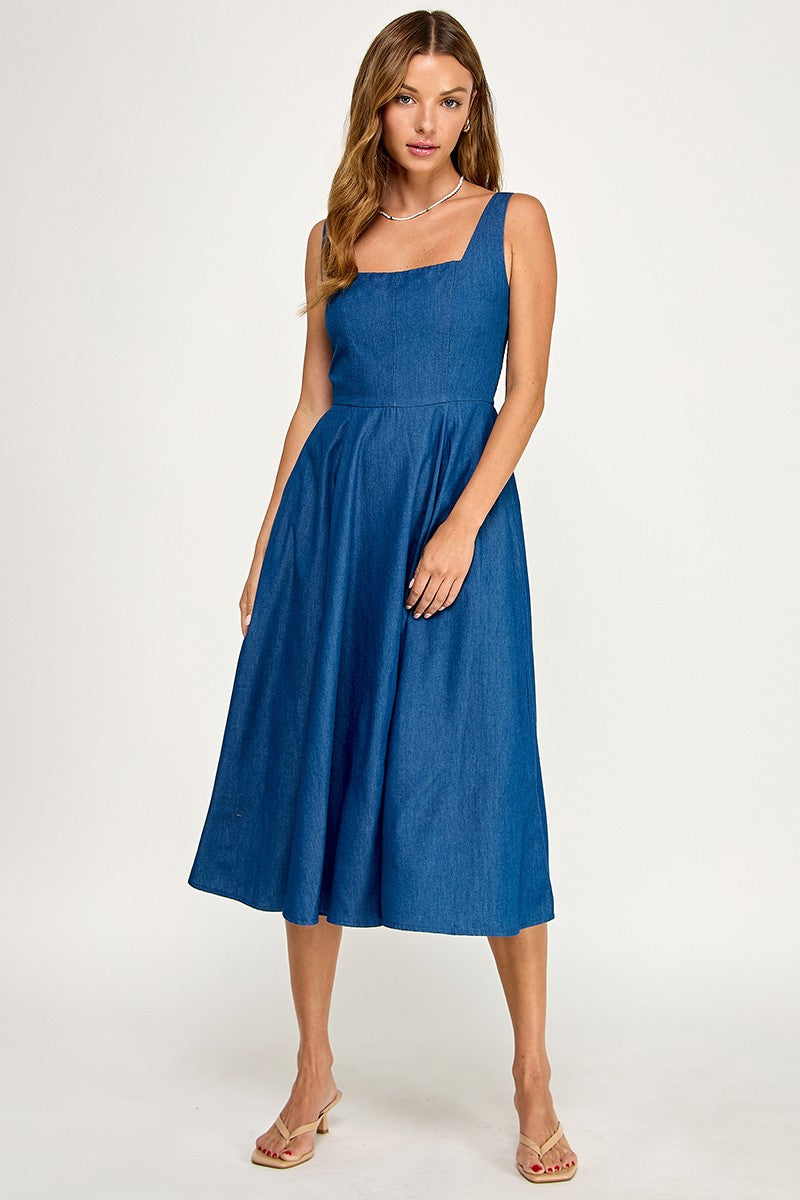 D5887 Square NeckDenim Midi Dress
