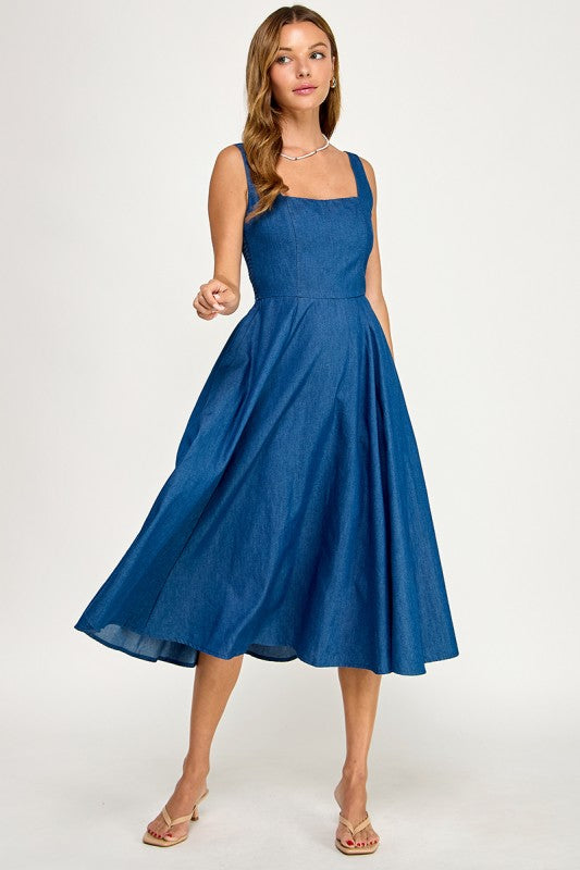 D5887 Square NeckDenim Midi Dress