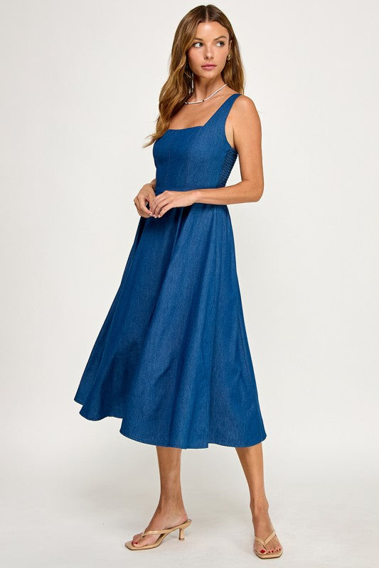 D5887 Square NeckDenim Midi Dress
