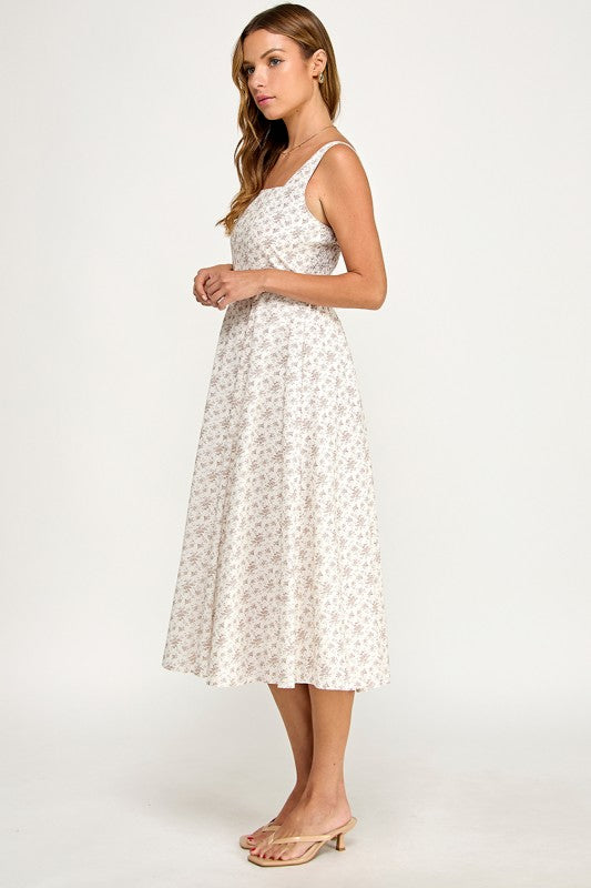 D5891S Floral Square Neck Flare Midi Dress