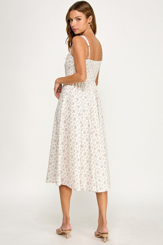 D5891S Floral Square Neck Flare Midi Dress