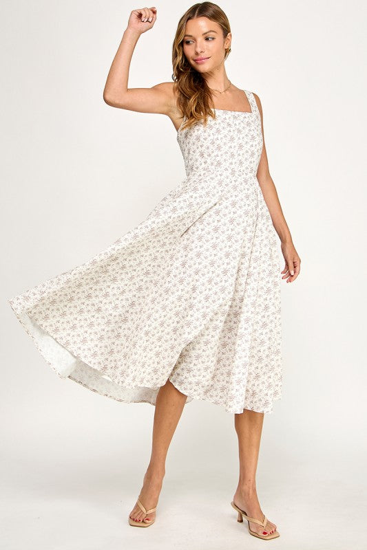 D5891S Floral Square Neck Flare Midi Dress