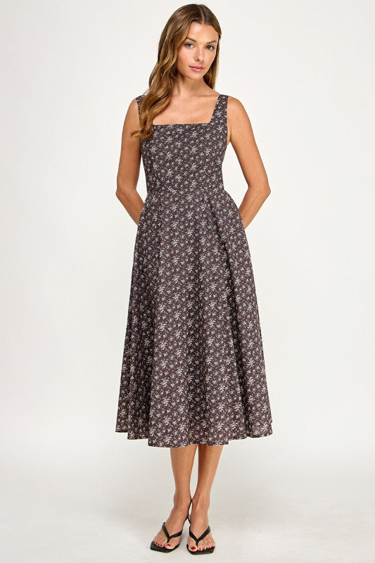 D5891S Floral Square Neck Flare Midi Dress