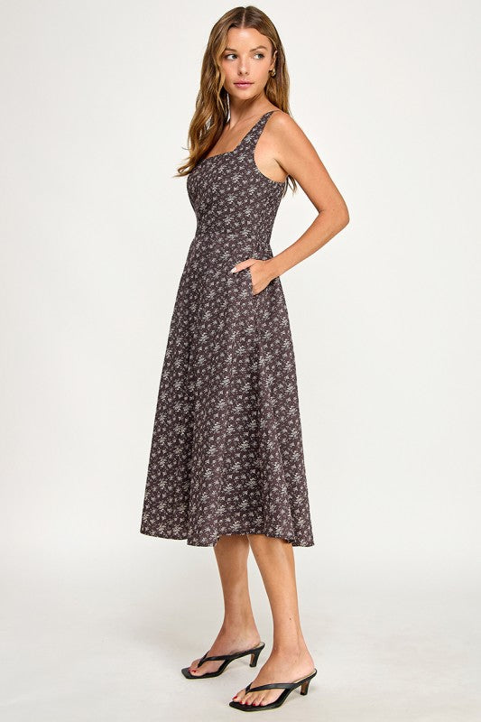 D5891S Floral Square Neck Flare Midi Dress