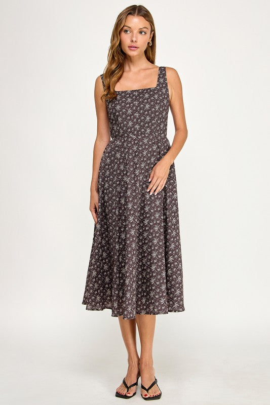 D5891S Floral Square Neck Flare Midi Dress