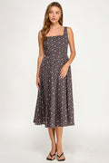 D5891S Floral Square Neck Flare Midi Dress