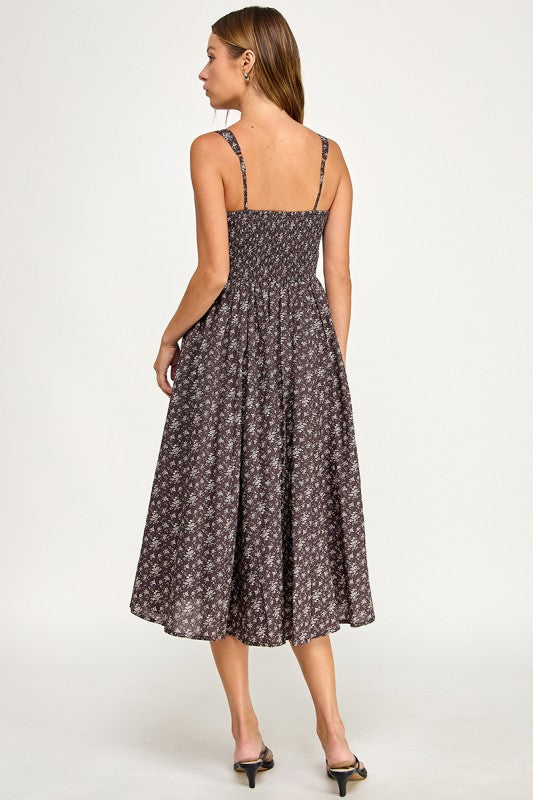 D5891S Floral Square Neck Flare Midi Dress