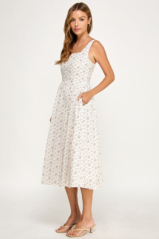 D5891S Floral Square Neck Flare Midi Dress