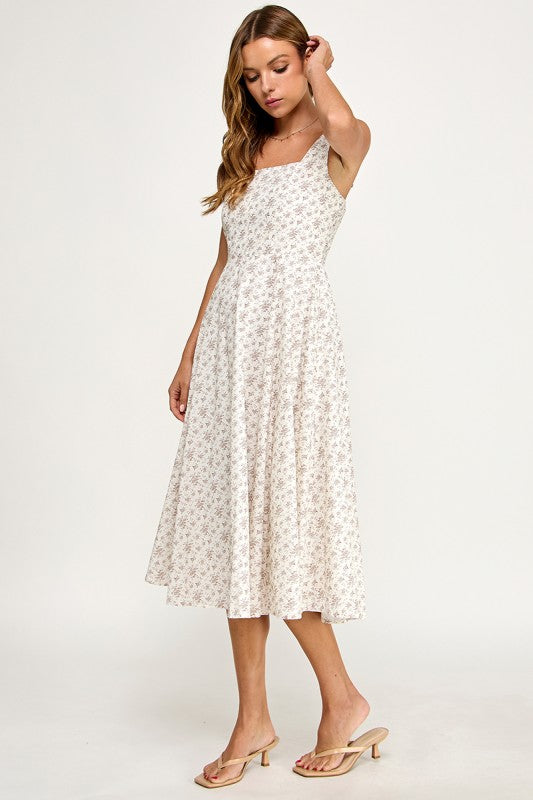 D5891S Floral Square Neck Flare Midi Dress