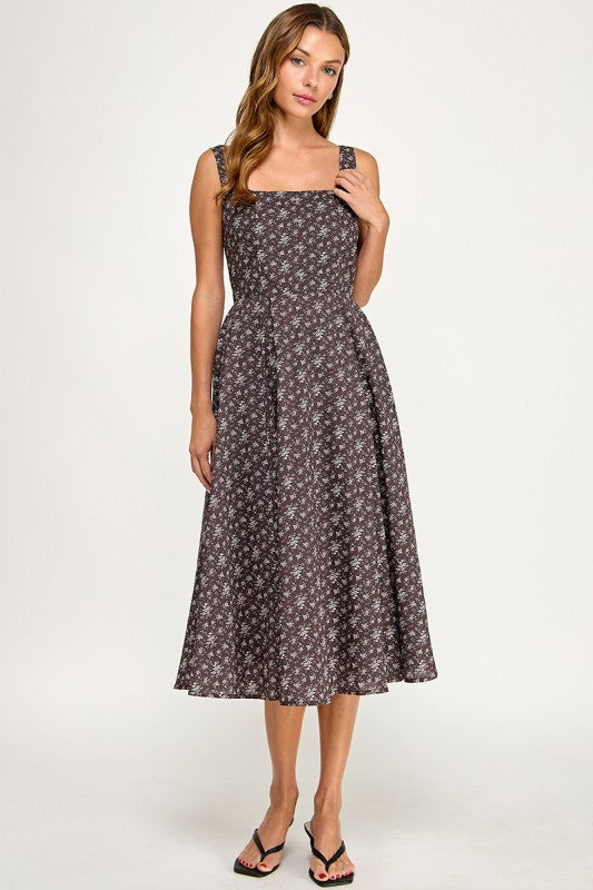 D5891S Floral Square Neck Flare Midi Dress