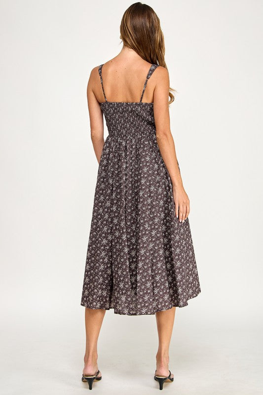 D5891S Floral Square Neck Flare Midi Dress