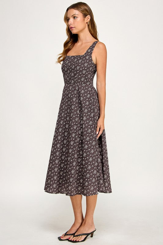 D5891S Floral Square Neck Flare Midi Dress